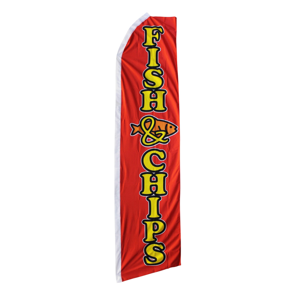 Red swooper flag with 'Fish & Chips' text and fish illustration on a white background