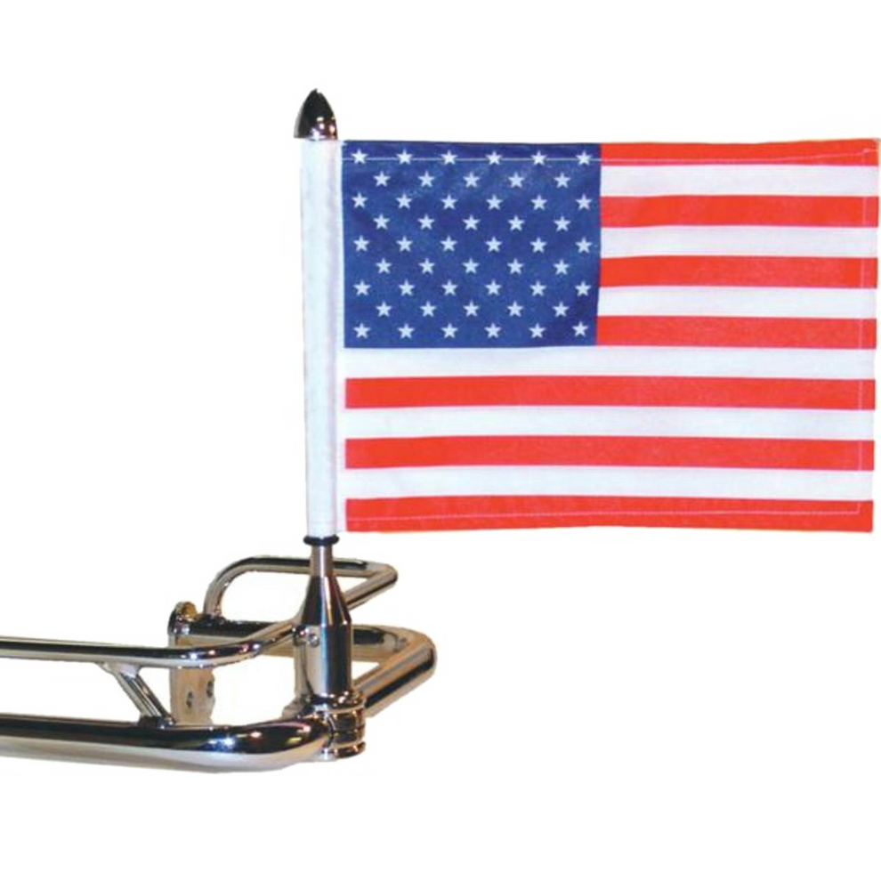A motorcycle flag mount with a motorcycle American flag