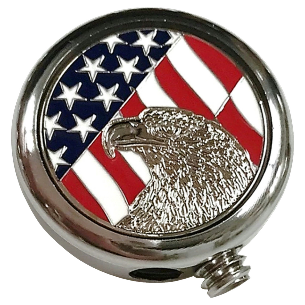 Round metal object with American flag design and eagle emblem on a white background