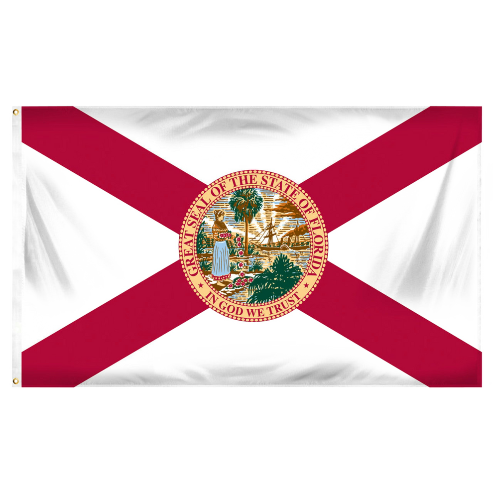 State of Florida flag featuring the classic red diagonal cross on a white background with the full-color Florida state seal in the center.  The words 'GREAT SEAL OF THE STATE OF FLORIDA' and 'IN GOD WE TRUST' are written on the edges of the seal.