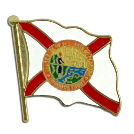 Florida flag pin with red and gold colors on a white background