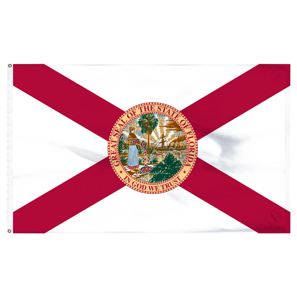 State of Florida flag featuring the classic red diagonal cross on a white background with the full-color Florida state seal in the center.  The words 'GREAT SEAL OF THE STATE OF FLORIDA' and 'IN GOD WE TRUST' are written on the edges of the seal.