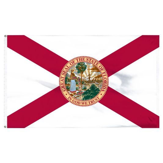 State of Florida flag featuring the classic red diagonal cross on a white background with the full-color Florida state seal in the center.  The words 'GREAT SEAL OF THE STATE OF FLORIDA' and 'IN GOD WE TRUST' are written on the edges of the seal.