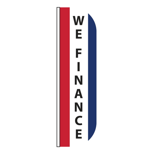 Logo with vertical red and blue stripes and 'WE FINANCE' text on a white background