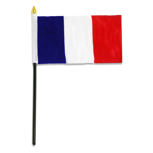 A small French flag on a black stick with a gold spearhead finial, isolated on a white background.