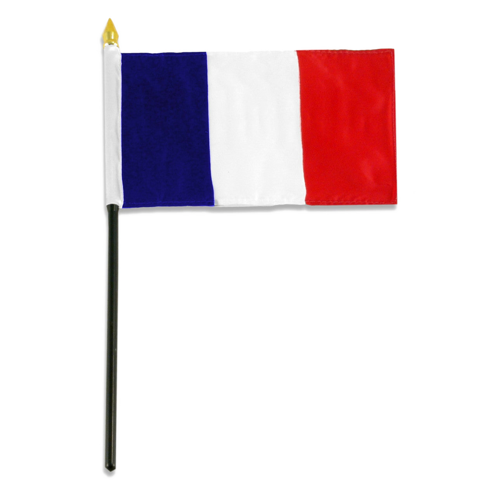 A small French flag on a black stick with a gold spearhead finial, isolated on a white background.