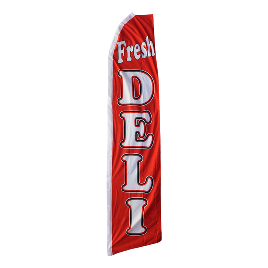 Red swooper flag with 'Fresh DELI' text on a white background