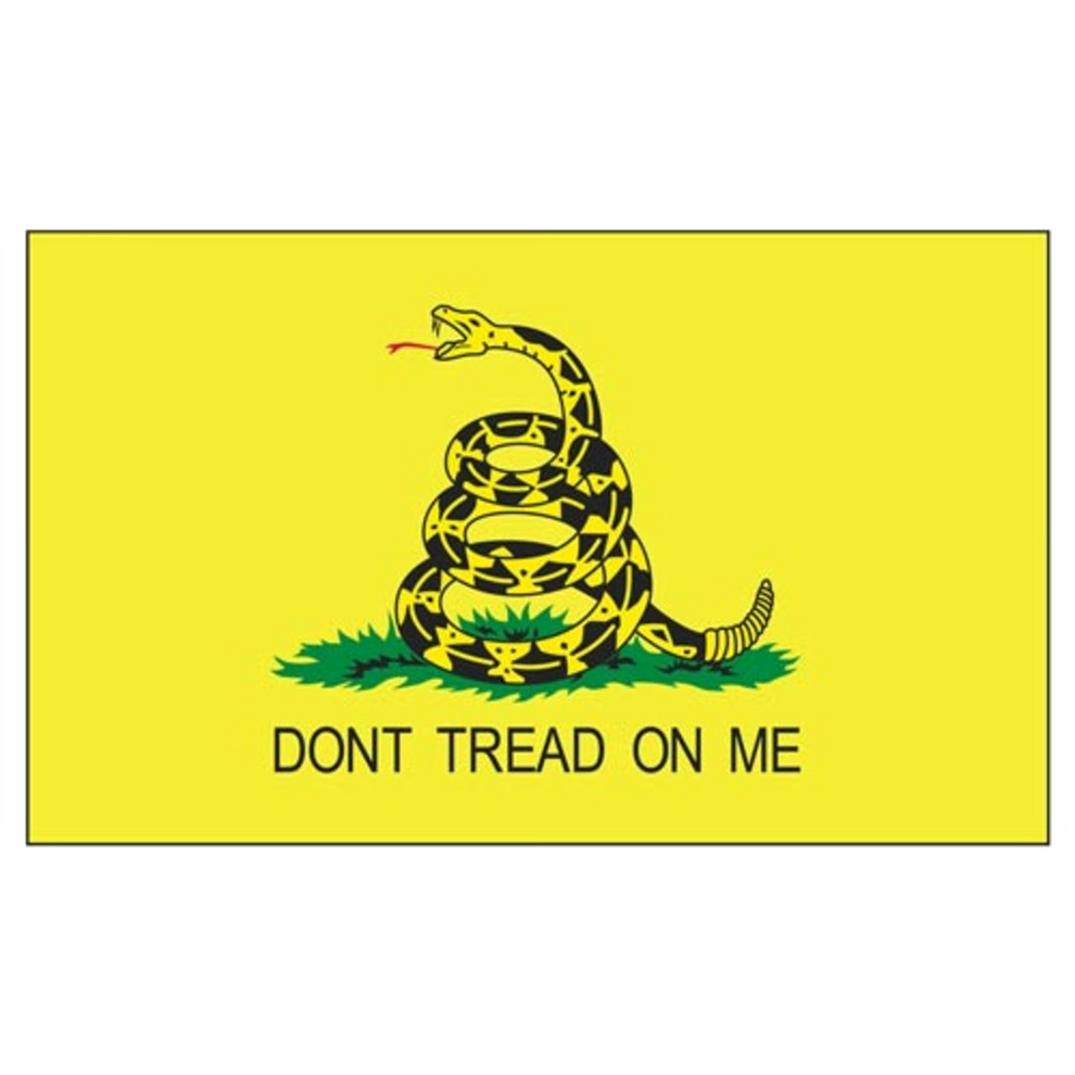 Flag with a snake design and 'Don't Tread on Me' text on a yellow background
