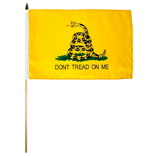Yellow Gadsden flag with a black snake design and 'Don't Tread on Me' text on a white background