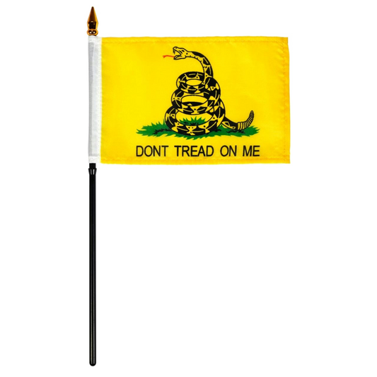 Gadsden flag with a coiled rattlesnake and “DON’T TREAD ON ME” on a yellow field, on a small stick.