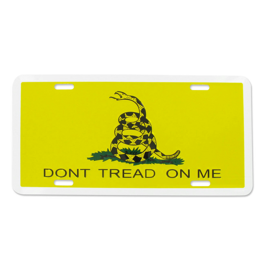 License plate with Gadsden flag design and 'Don't Tread on Me' text on a yellow background