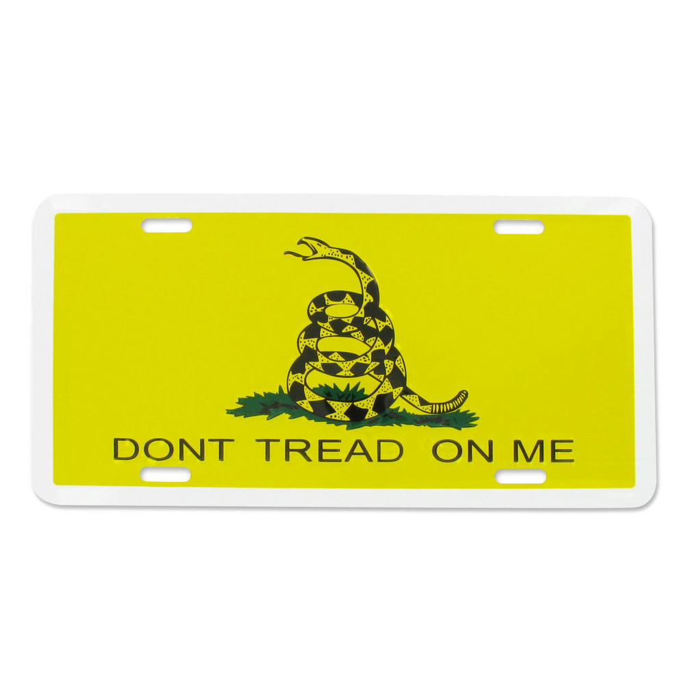 License plate with Gadsden flag design and 'Don't Tread on Me' text on a yellow background