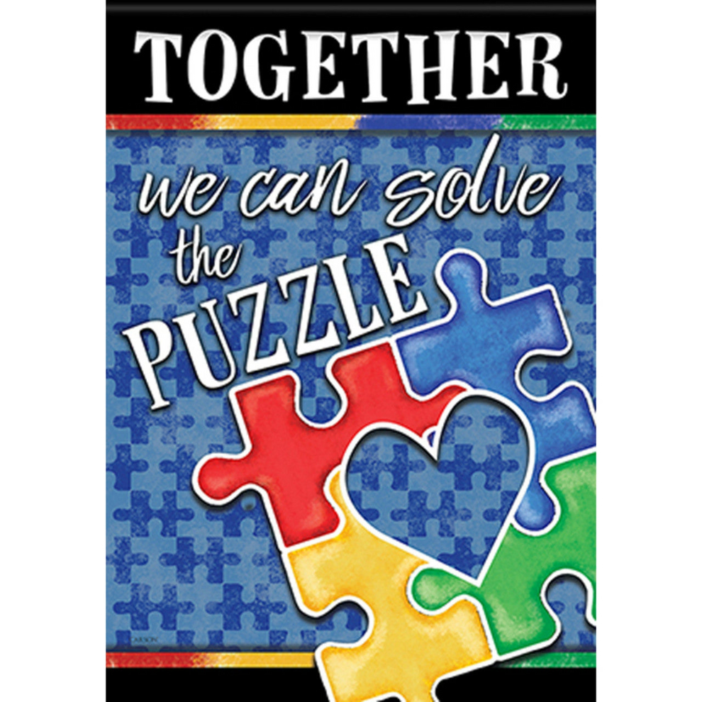 Colorful puzzle pieces decorative flag with text 'Together we can solve the puzzle' on a blue background