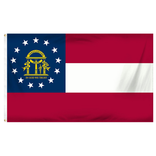 Georgia state flag with blue, red, and white horizontal stripes featuring stars and a central emblem.