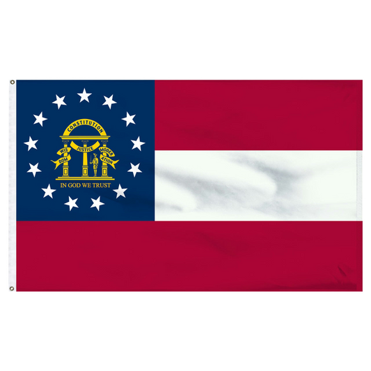 State of Georgia flag with three red and white stripes, a blue canton, 13 white stars, and the golden state coat of arms with the text 'In God We Trust' in yellow under the coat of arms.