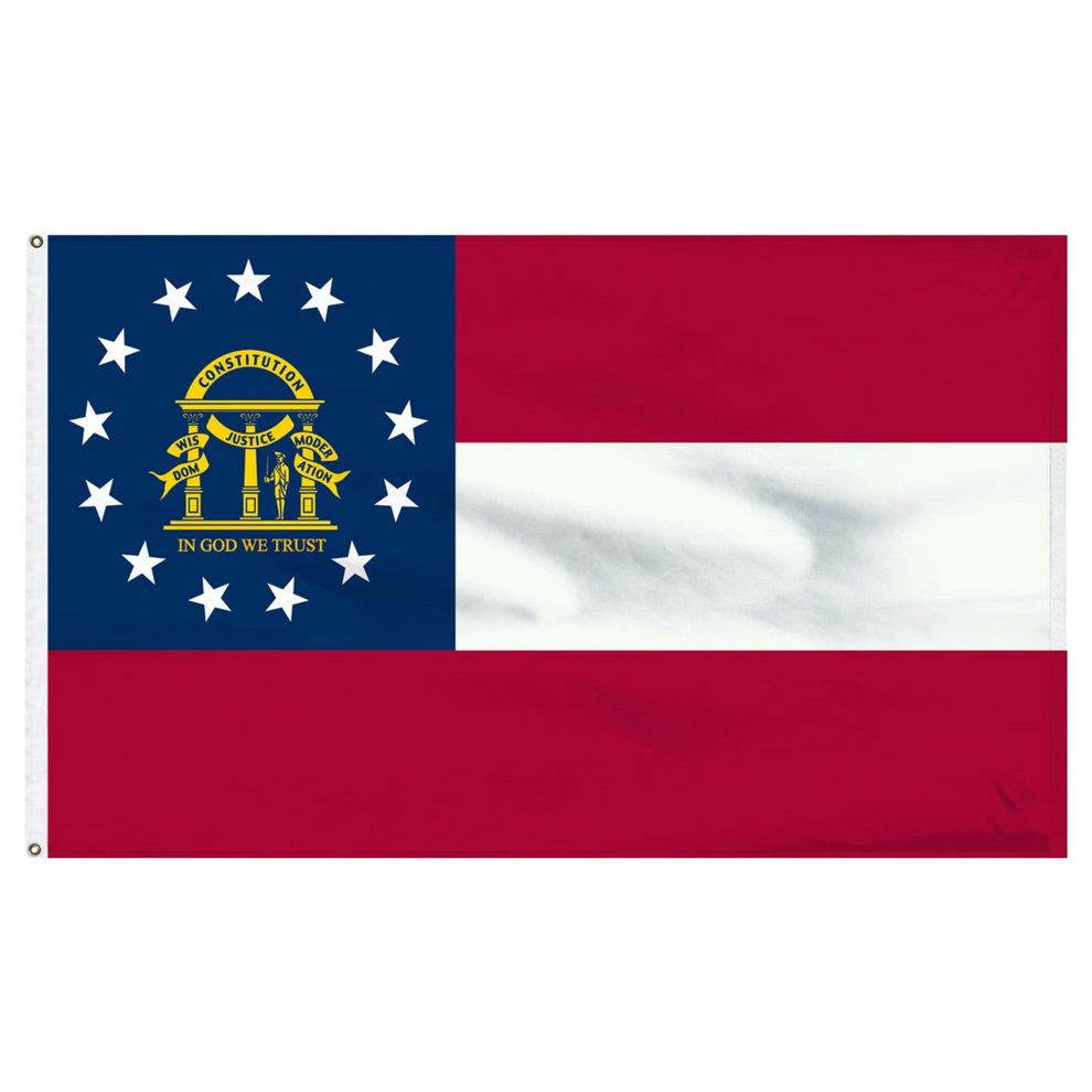 State of Georgia flag with three red and white stripes, a blue canton, 13 white stars, and the golden state coat of arms with the text 'In God We Trust' in yellow under the coat of arms.