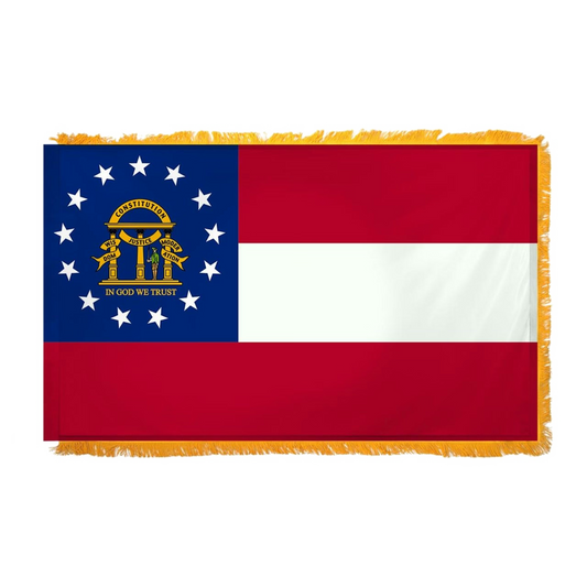Georgia state flag with blue canton, stars, state seal, red and white stripes, and gold fringe.