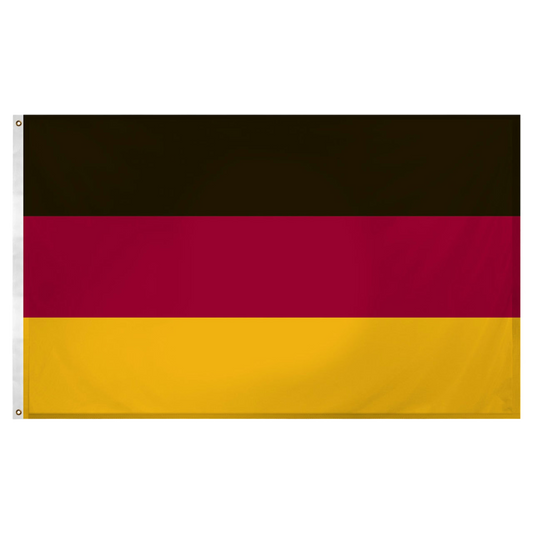 German flag with horizontal black, red, and gold stripes, featuring a white header with metal grommets on the left side, shown against a plain white background.