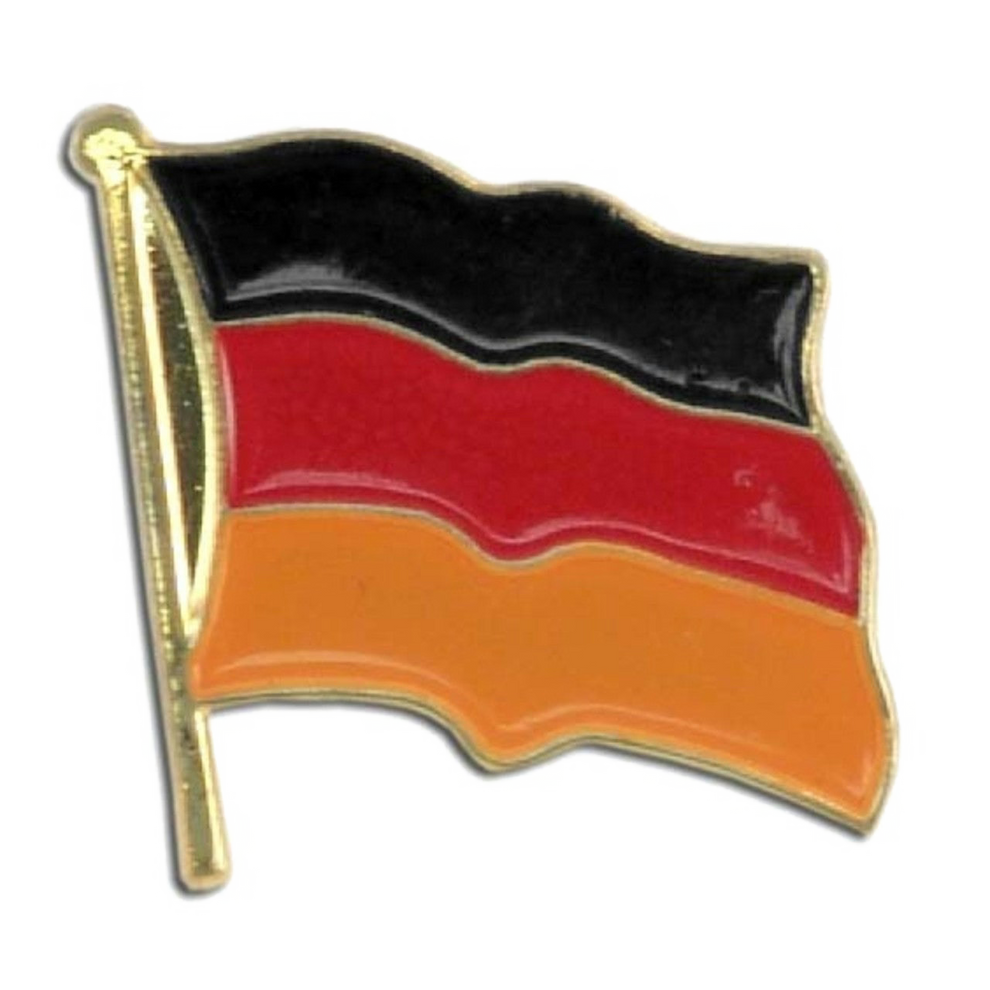 German flag pin with black, red, and orange colors on a white background