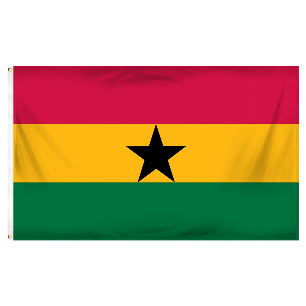 Flag of Ghana with red, yellow, and green horizontal stripes and a black star in the center.