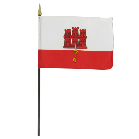 Flag of Gibraltar with a white top half and red bottom half, featuring a key and fort design.