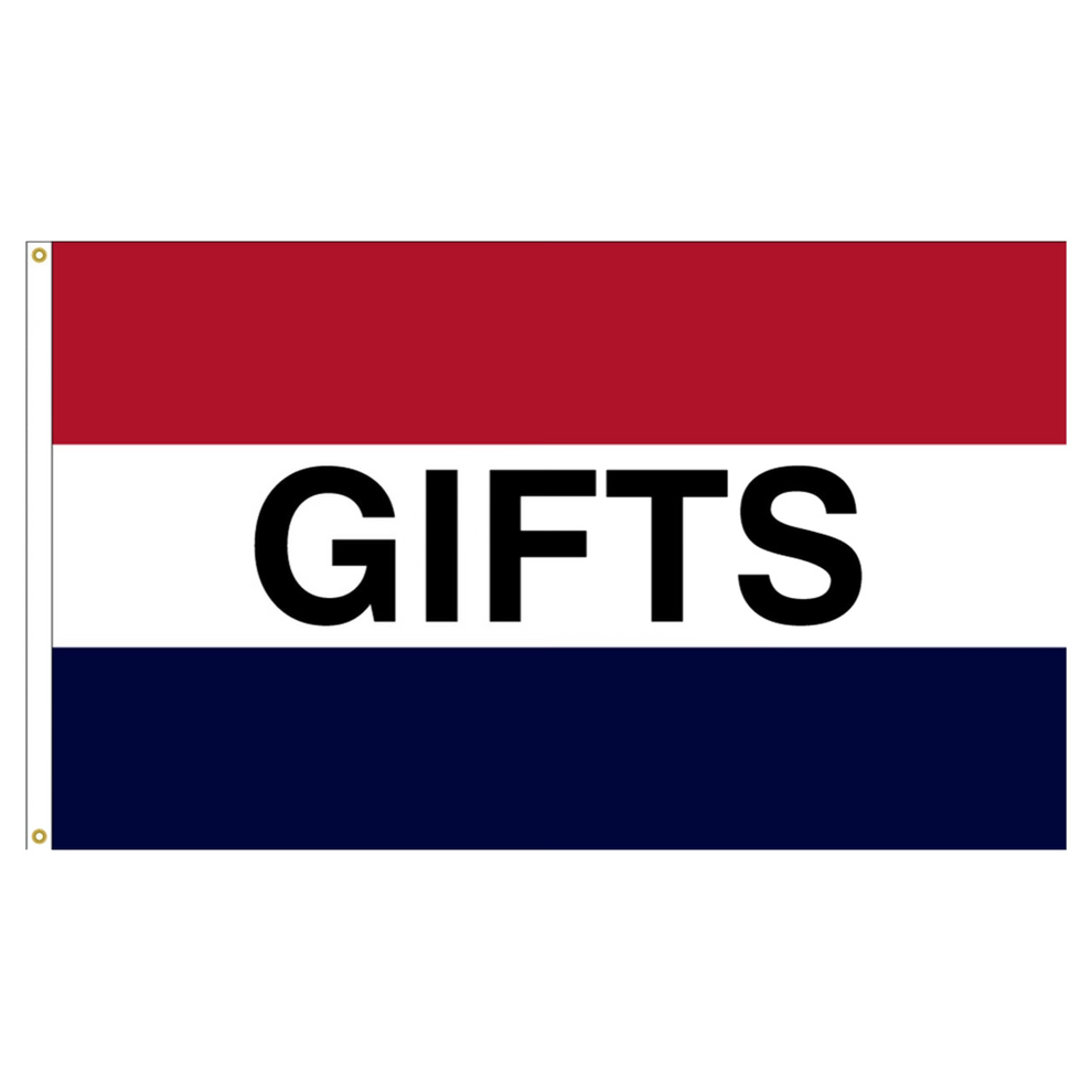 Flag with red, white, and blue horizontal stripes and ' GIFTS' text in the center.