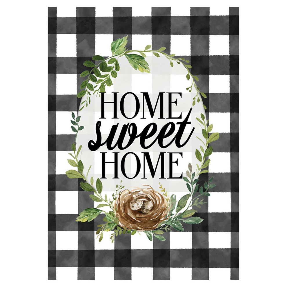 Decorative garden banner with 'Home Sweet Home' text and floral elements on a black and white checkered background.