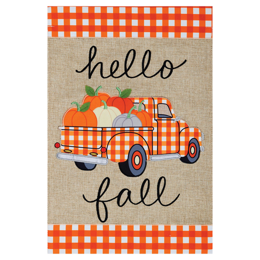 Decorative garden banner with a truck and pumpkins on a burlap background, featuring the text 'hello fall'.