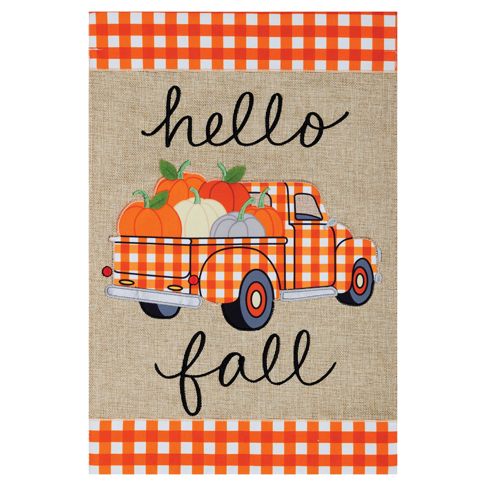 Decorative garden banner with a truck and pumpkins on a burlap background, featuring the text 'hello fall'.