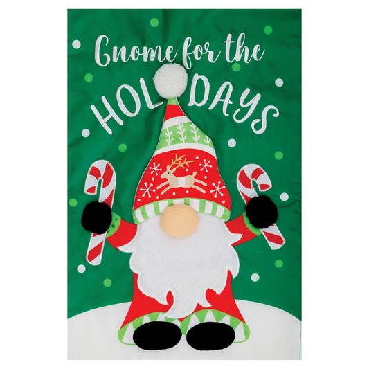 Decorative garden banner with a gnome design and text 'Gnome for the Holidays' on a green background.