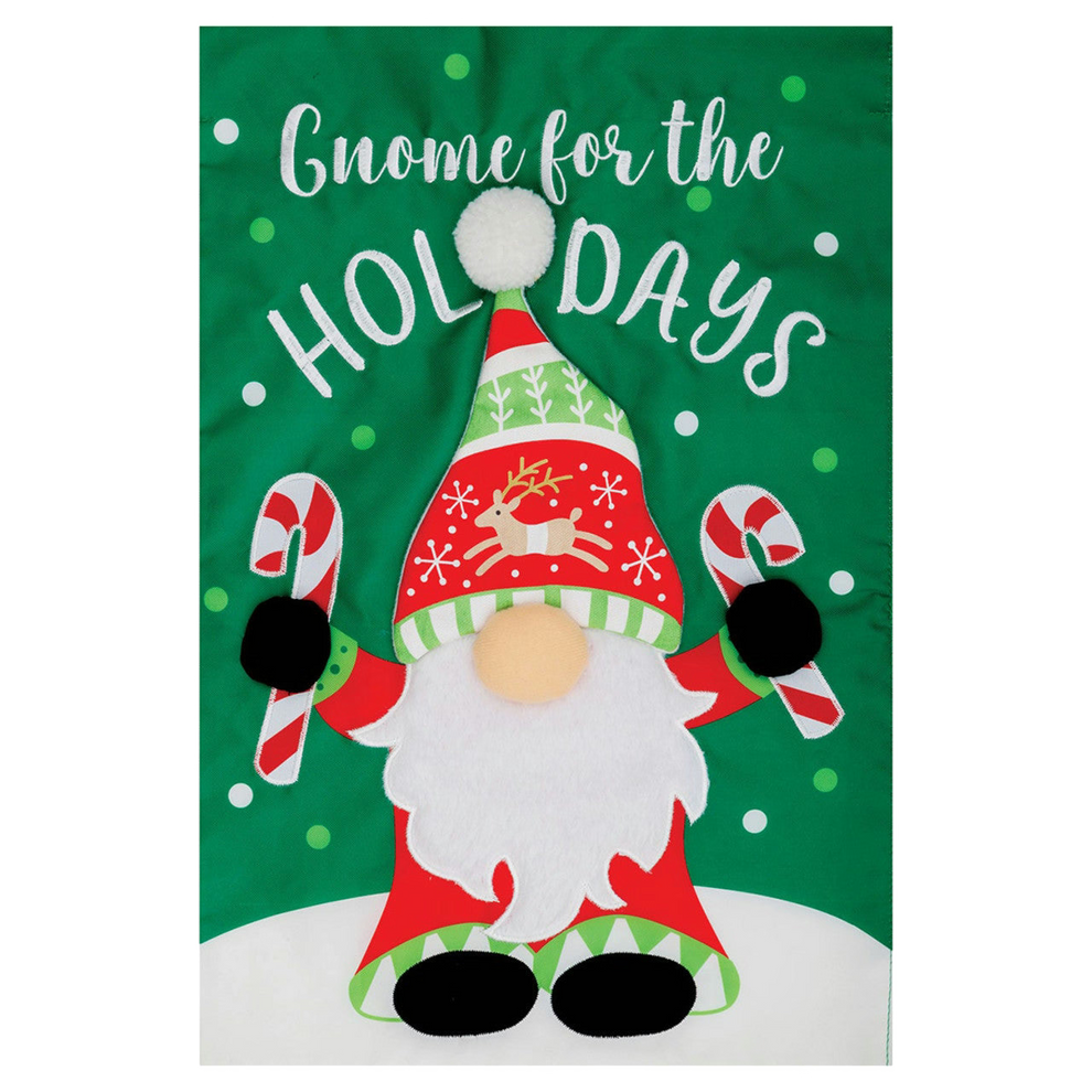 Decorative garden banner with a gnome design and text 'Gnome for the Holidays' on a green background.