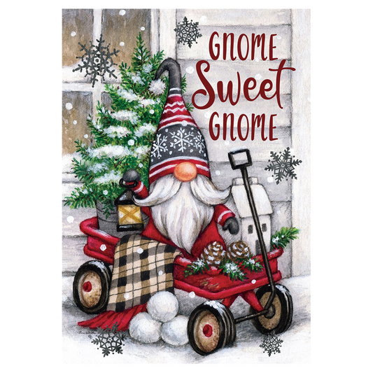 Christmas-themed garden flag banner gnome in a red wagon with a small house and tree, text 'Gnome Sweet Gnome' on a snowy background.