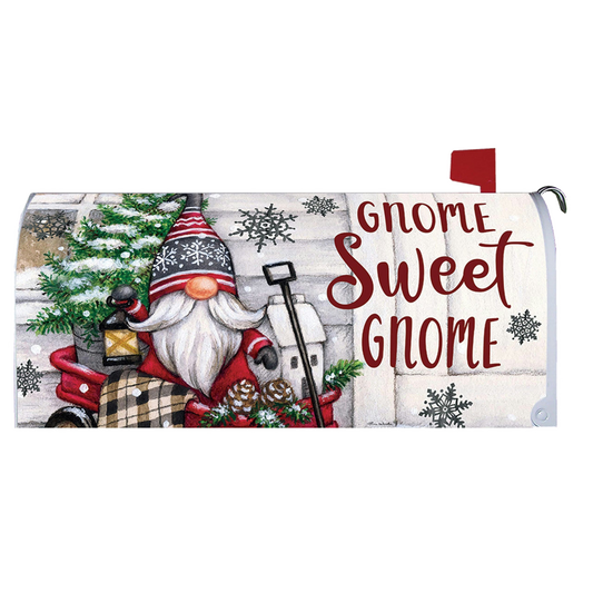 Decorative mailbox cover with a gnome, Christmas tree, and 'Gnome Sweet Gnome' text on a white background.