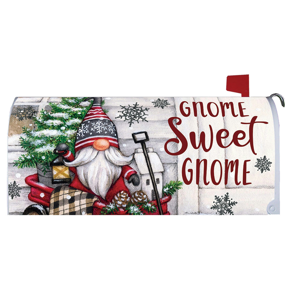 Decorative mailbox cover with a gnome, Christmas tree, and 'Gnome Sweet Gnome' text on a white background.