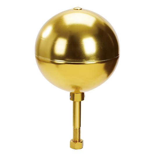 Gold spherical flagpole top with a threaded base on a white background