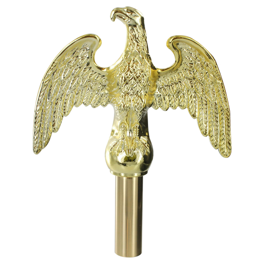 Gold-colored eagle flagpole topper finial on a white background
