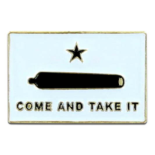 Gonzales enamel pin with a star and cannon design, featuring the text 'COME AND TAKE IT'.