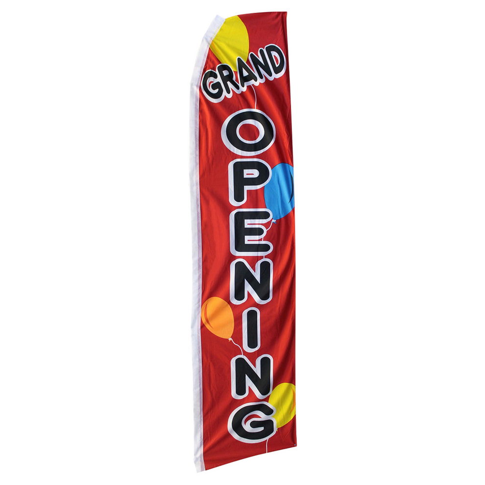 Red feather flag with 'Grand Opening' text and colorful balloons on a white background