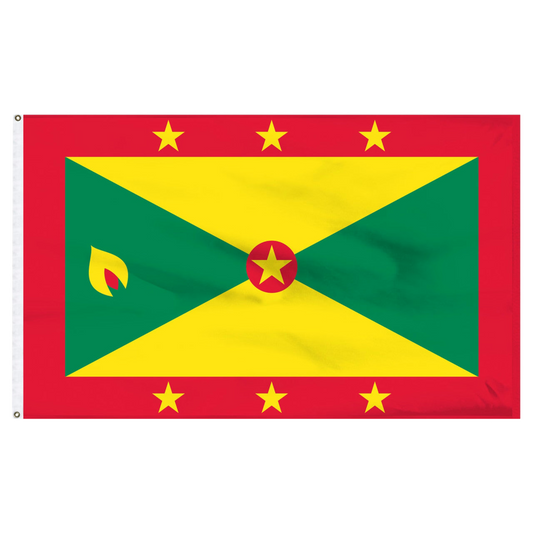 Flag of Grenada with red border and yellow stars with two green triangles and two yellow triangles within the red border.  A red circle with a yellow star is in the center.