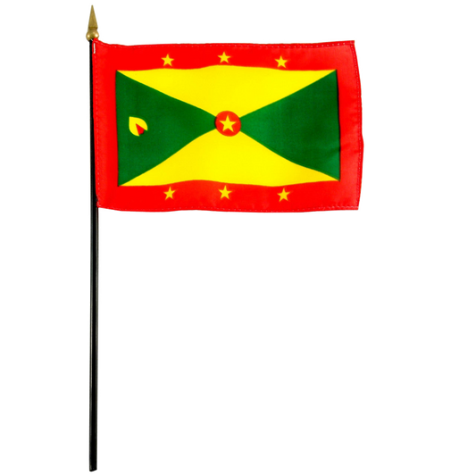 Flag of Grenada with red border and yellow stars with two green triangles and two yellow triangles within the red border.  A red circle with a yellow star is in the center.
