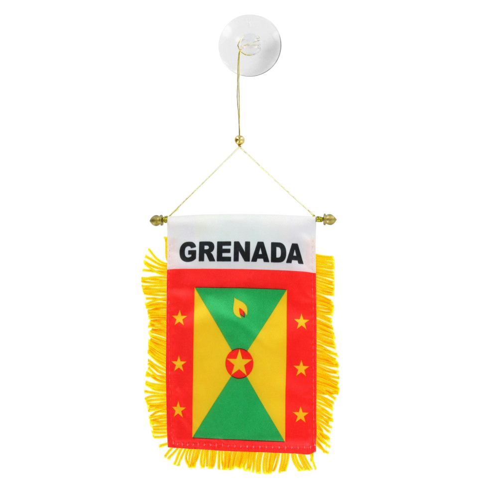 Flag of Grenada with red border and yellow stars with two green triangles and two yellow triangles within the red border.  A red circle with a yellow star is in the center.