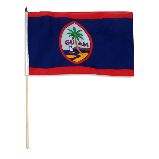 Flag of Guam with a red border on a blue background and an oval center featuring a beach scene with a tree and a sailboat