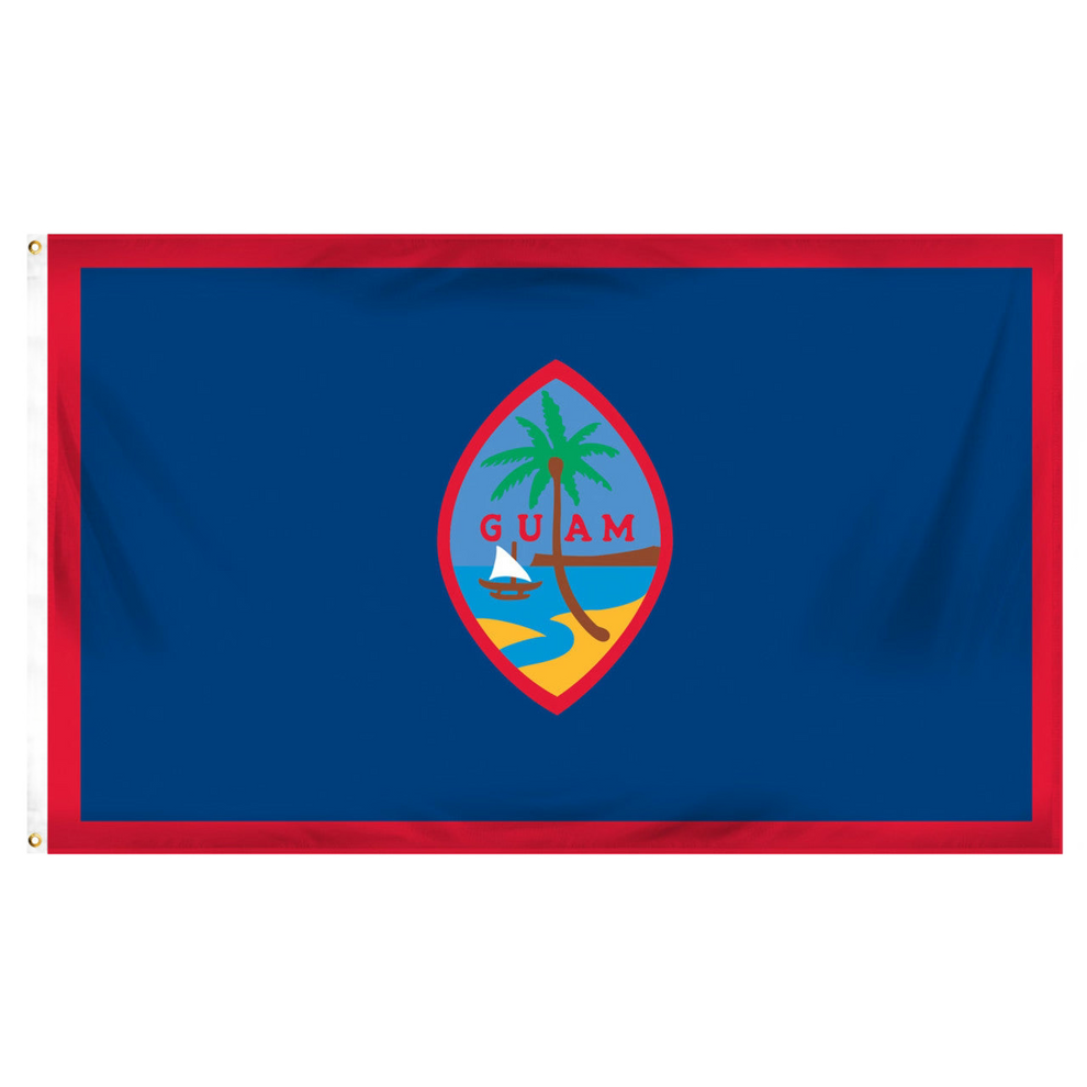 Flag of Guam with a red border on a blue background and an oval center featuring a beach scene with a tree and a sailboat