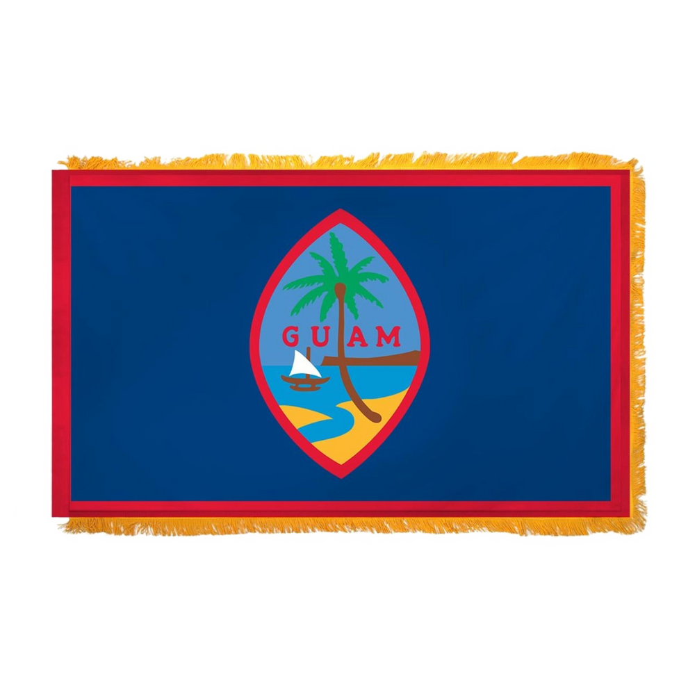 Flag of Guam with a blue background, red border, and colorful emblem featuring a palm tree, beach, and sailboat.
