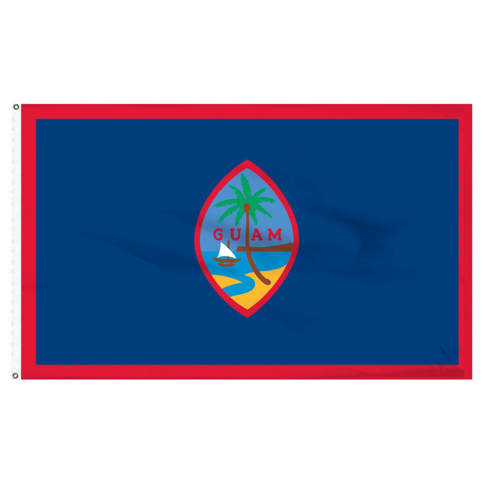 Flag of Guam with a red border on a blue background and an oval center featuring a beach scene with a tree and a sailboat