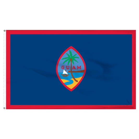 Flag of Guam with a red border on a blue background and an oval center featuring a beach scene with a tree and a sailboat