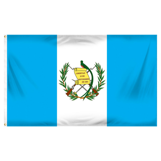 Flag of Guatemala with blue and white stripes and a central emblem featuring a green bird.