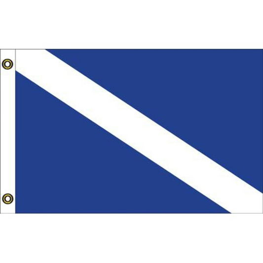 Blue flag with a white diagonal stripe on a white background