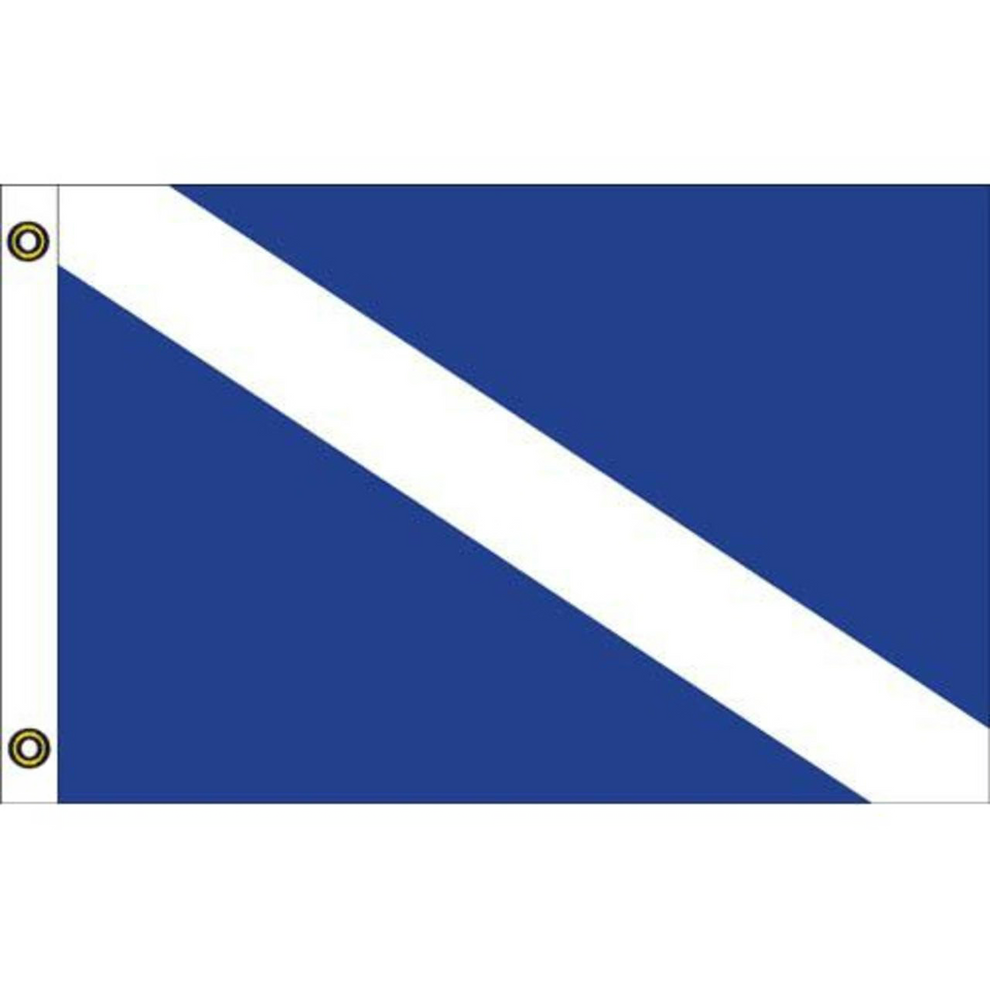 Blue flag with a white diagonal stripe on a white background