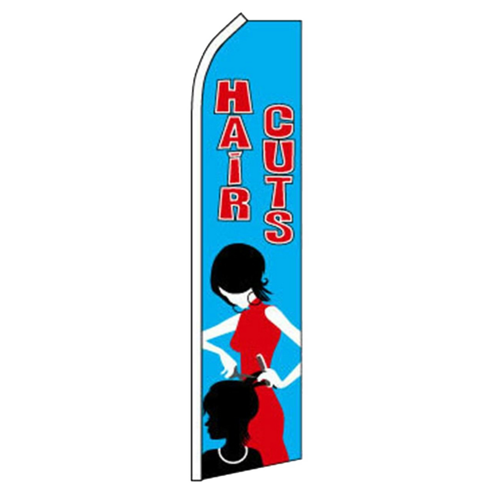 Swooper flag with 'Haircuts' text and silhouette of a woman in a red dress on a blue background.